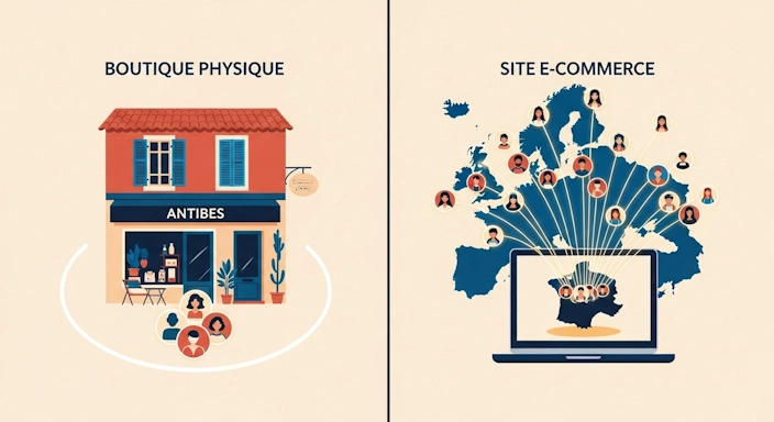 Diagramme comparant la portée d'une boutique physique à Antibes, limitée à une zone locale, à celle d'un site e-commerce qui atteint des clients à l'échelle nationale et internationale.